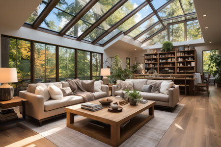 Interior of a modern living room with a large window overlooking the gardenの素材
