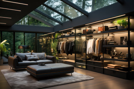 Interior of a modern living room with black leather sofa and wardrobeの素材