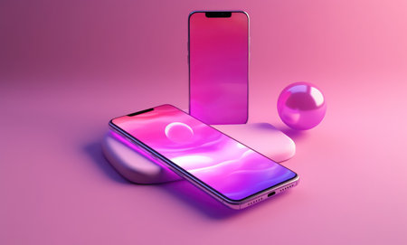 Mobile phone with pink and purple background, 3d rendering. Computer digital drawing.の素材