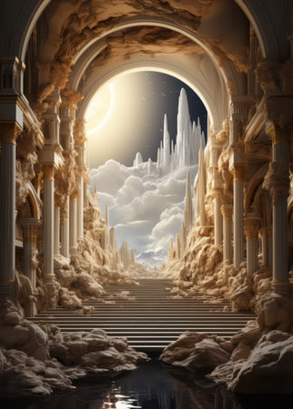 Fantasy portal to another dimension. 3D illustration. Fantasy landscape.の素材