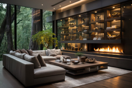 Interior of modern living room with fireplace, 3d render.の素材