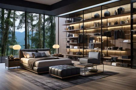 3D rendering of a modern bedroom with a large window overlooking the mountainsの素材