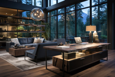 Modern living room interior design. 3D rendering. Evening lighting.の素材