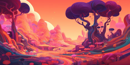 Fantasy fantasy landscape. Cartoon illustration of fantasy landscape for game designの素材