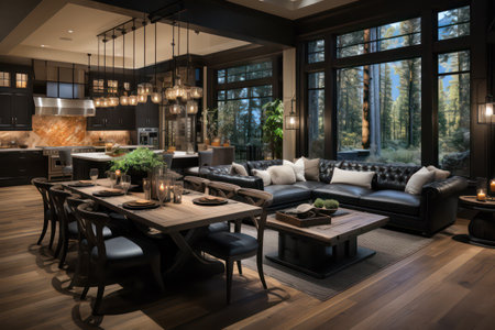 Luxury living room interior with black sofa and wooden table.の素材