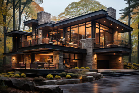 3d rendering of modern cozy chalet with pool and parking for sale or rent. Massive timber beams columns. Cool autumn evening with golden leaves anywhere.の素材