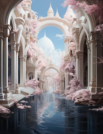 3D Illustration of a Fantasy Landscape with White Buildings and Waterの素材