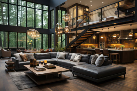 3d rendering of interior of living room with black sofa and wooden floorの素材