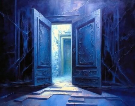 Mysterious halloween scene with blue door. Illustrationの素材