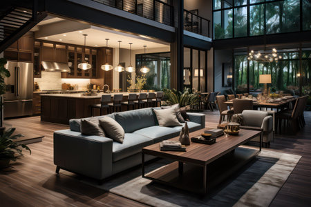 Interior of a modern living room in the evening. 3D renderingの素材