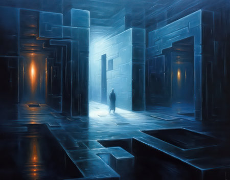 Mystical dark corridor with glowing portal, 3d render illustrationの素材