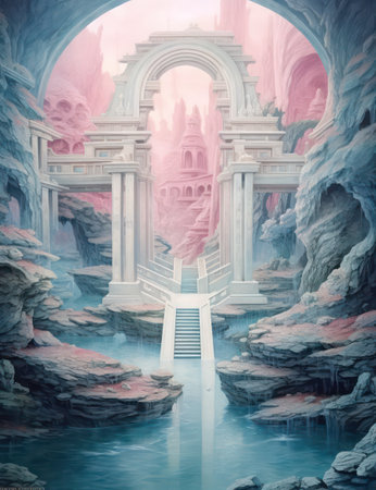 Fantasy landscape with a lake and a fountain. Digital illustration.の素材