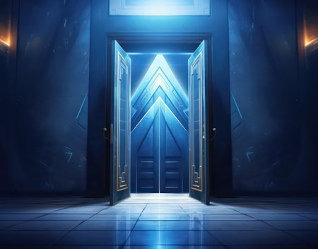 Futuristic dark corridor with blue glowing door. 3D renderingの素材