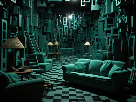 Interior of a dark room with a green sofa. 3D renderingの素材