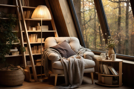 Comfortable armchair and bookshelf on window sill in roomの素材