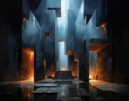 Futuristic dark corridor with glowing lights and stairs. 3D renderingの素材