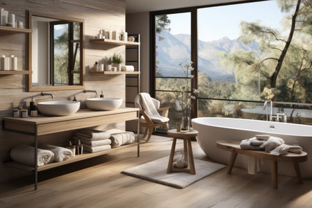 Bathroom interior with wooden walls, wooden floor, comfortable bathtub and shelves with towels. 3d renderingの素材