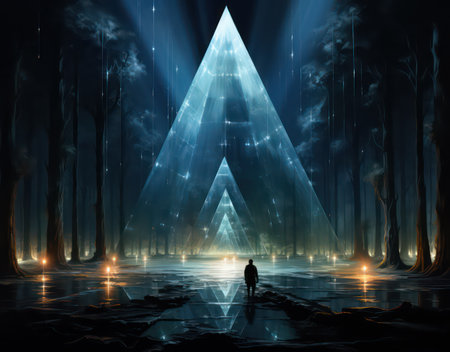 Man standing in front of an abstract background with a glowing triangle.の素材