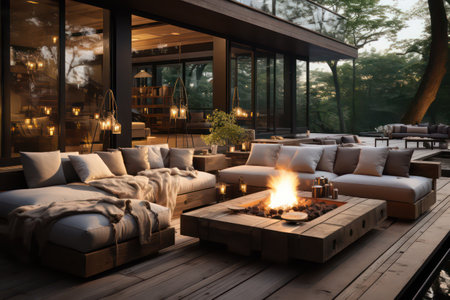 Luxury wooden terrace with a fireplace and sofasの素材