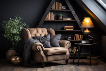 Cozy living room interior with armchair and bookshelf. 3d renderの素材