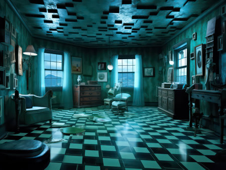 Interior of an old room with blue walls and a tile floorの素材