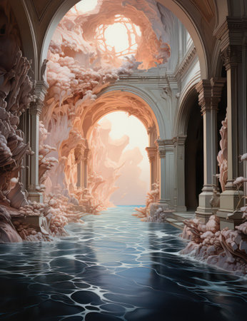 3D illustration of a fantasy portal with a view of the waterの素材