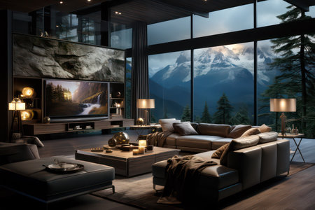 3d rendering luxury modern living room with TV and mountain view.の素材