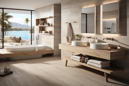 Interior of modern bathroom with wooden walls, tiled floor, panoramic window and white bathtub. 3d renderingの素材