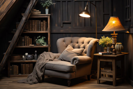Comfortable armchair in living room interior with bookshelf and lampの素材