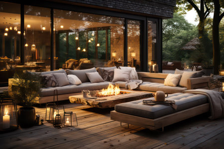 Luxury terrace in the evening with a view of the gardenの素材