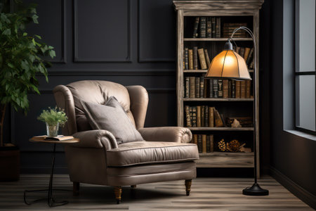 Comfortable armchair in room interior with bookshelf and lampの素材