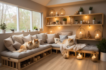 Interior of living room with comfortable sofa and chihuahua dogの素材