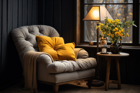 Comfortable armchair with pillows and bouquet of mimosa in roomの素材
