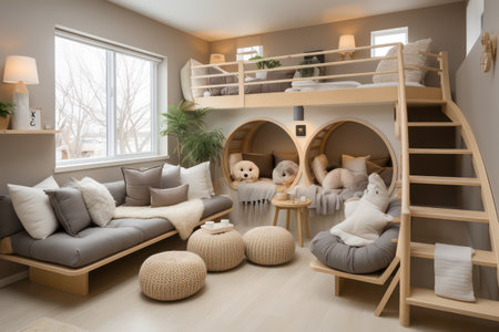 Interior of modern children's room with wooden bunk beds and toysの素材