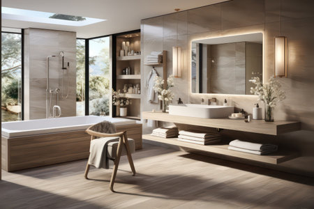 Interior of modern bathroom with wooden walls, wooden floor, comfortable white bathtub and round mirror. 3d renderingの素材