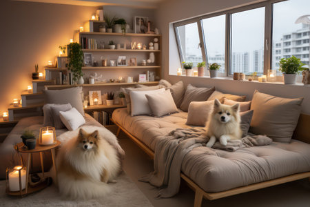 Interior of modern living room with sofa and pomeranian dogの素材
