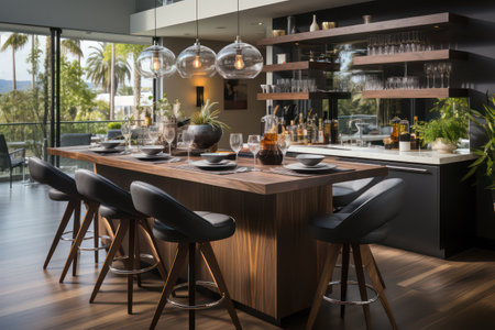 Interior of a modern restaurant with wooden table and chairs. 3d renderingの素材