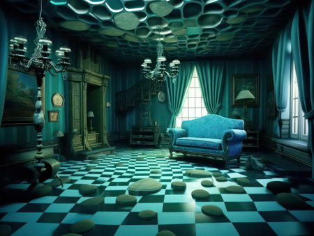 Interior of a room with blue sofa and chandelier.の素材