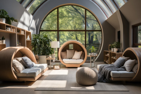 Interior of modern living room with arched window, sofa and armchairの素材