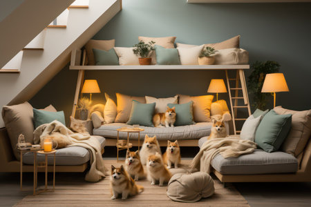 Comfortable sofa with cute shiba inu puppies in living roomの素材