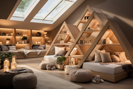 Interior of a modern bedroom in the attic of a modern houseの素材