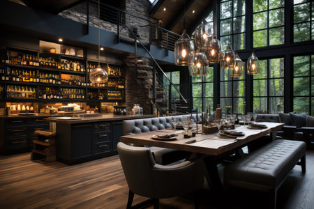 3d rendering luxury restaurant and coffee shop interior design with wooden floorの素材