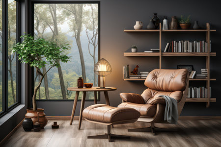 interior with brown armchair, bookshelf and coffee table. 3d renderの素材
