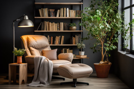 Cozy living room interior with armchair, bookshelf and plantsの素材