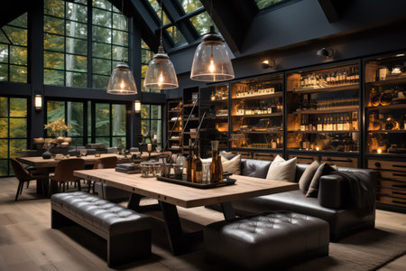 Luxury restaurant interior with black leather sofas and coffee tablesの素材