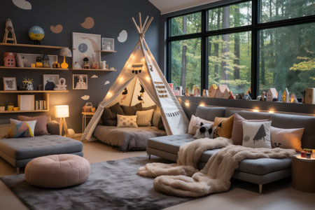 Interior of a children's room with a teepee and toysの素材