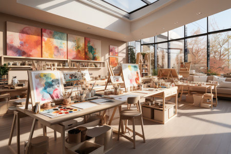 Interior of modern art gallery with painting and drawing equipment. 3d renderingの素材
