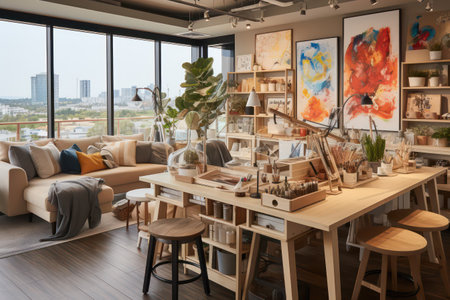 Modern living room interior with wooden furniture, coffee table, sofa, art painting and window view.の素材