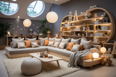modern living room with sofa and bookshelf in scandinavian styleの素材