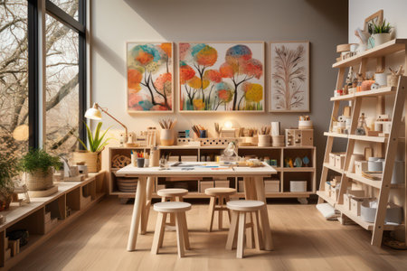 Creative workshop interior with artworks on shelves, table and chairsの素材